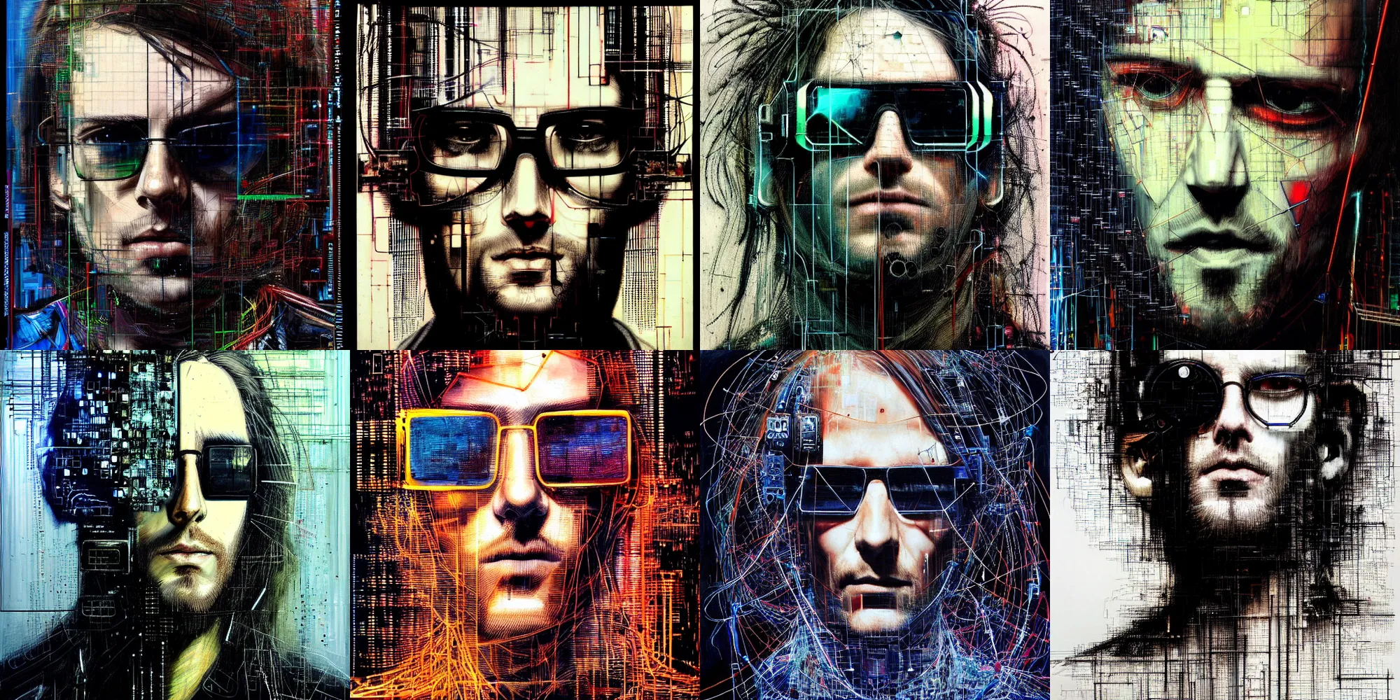 Prompt: hyperrealistic portrait of a cyberpunk man, long hair, by Guy Denning, Johannes Itten, Russ Mills, hacking effects, detailed lines, network, cybernetics, cyberpunk sunglasses, cables, computation, technological, color blocking!, circuitry, digital, oil on canvas, insane detail, front view, symmetrical, octane, concept art, abstract, artistic, 8k, cinematic, trending on artstation