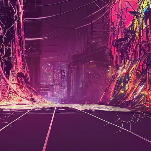 Prompt: a vibrant ruined futuristic cityscape overgrown with glowing thorns, bursts of plasma, award - winning photography