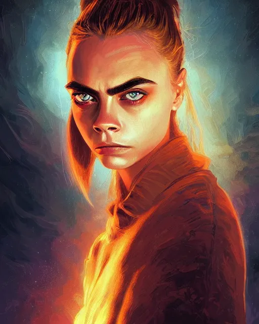 Prompt: portrait of cara delevingne atmospheric lighting, painted, intricate, volumetric lighting, beautiful, rich deep colours masterpiece, golden hour, sharp focus, ultra detailed, in the style of Dan Mumford and marc simonetti