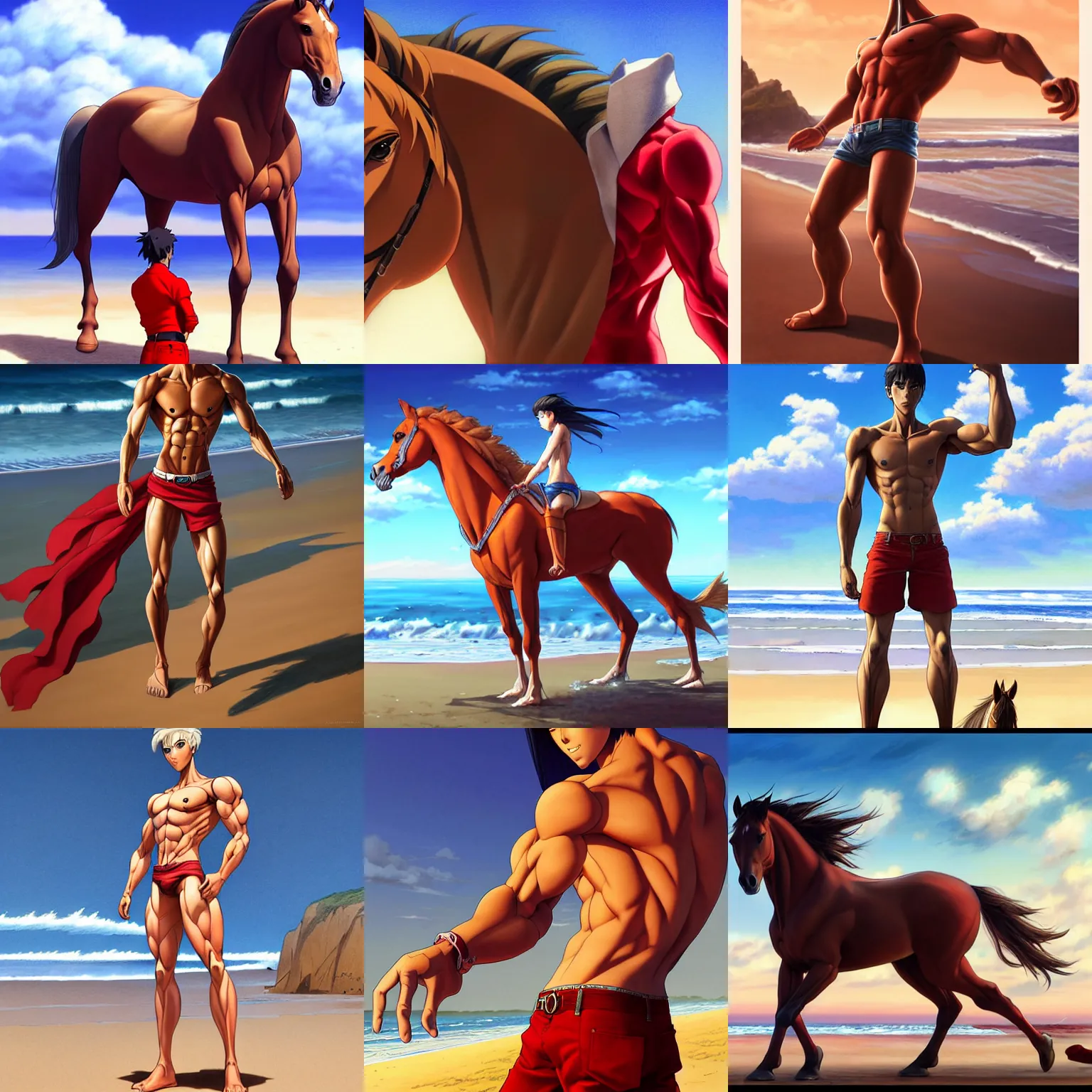 Prompt: a male horse humanoid standing on the beach,wearing red shorts,anthropomorphic,Character design by artgerm, and makoto shinkai, detailed, inked, western comic book art, 2021 award winning painting,digital art,ultra realistic,ultra detailed,art by greg rutkowski,muscular,detailed face,hyperdetailed,hyperrealistic,detailed face,photorealistic,realistic,4k,SFW