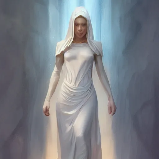 Image similar to a female angel of mercy wearing see through white long dress by michael komarck, olive skinned, sumerian, d & d, highly detailed, digital painting, artstation, concept art, sharp focus, illustration, cinematic lighting