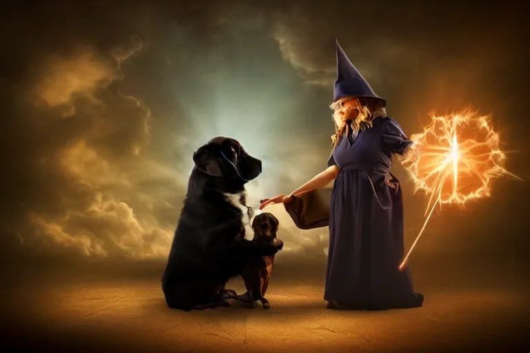 Prompt: puppy wizard casting a magic spell on an evil witch, majestic pose, dramatic lighting, cinematic scene