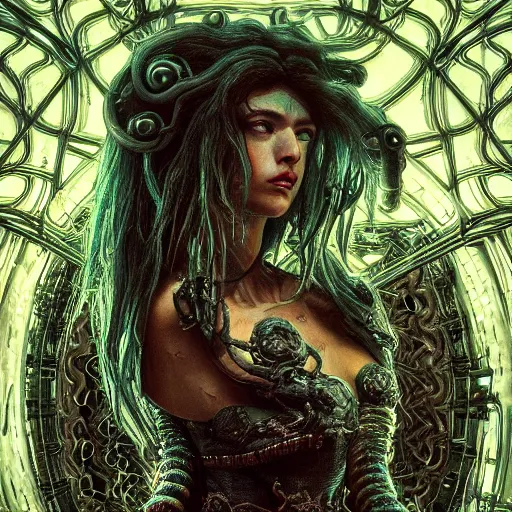 Image similar to Cyberpunk medusa, dark atmosphere, cinematic shot, intricate, ornate, photorealistic, ultra detailed, realistic, 35mm, photography, neon, octane, high definition, depth of field, bokeh, 8k, artstation, ((alphonse mucha)), (hr giger)