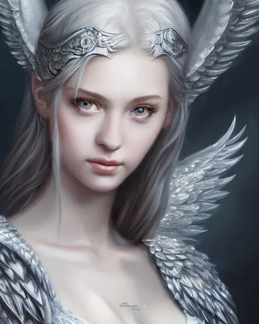 Prompt: beautiful angel girl portrait, big silver bra, silver wings, highly detailed, d & d, fantasy, highly detailed, digital painting, trending on artstation, concept art, sharp focus, illustration, art by artgerm and greg rutkowski and fuji choko and viktoria gavrilenko and hoang lap