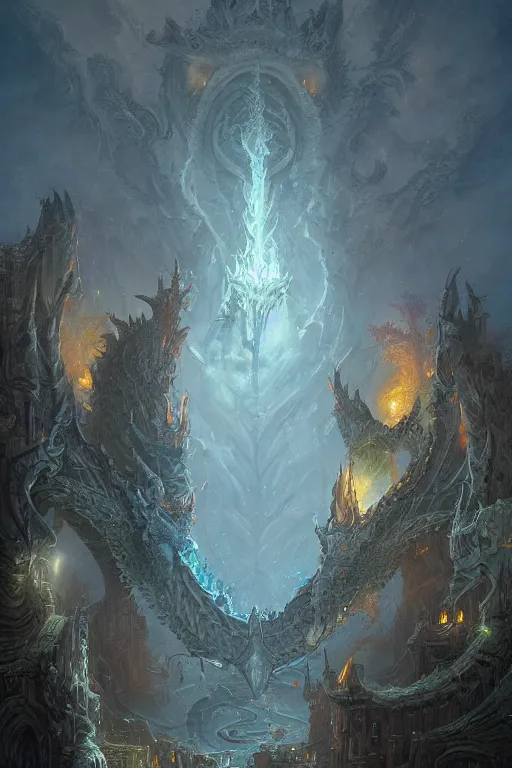 Prompt: !dream Detailed Exterior Shot of Dragon head Tower of Alexandria, light of sorrow, moonlight shafts, swarm of bats, dim atmosphere, in Style of Peter Mohrbacher, cinematic lighting