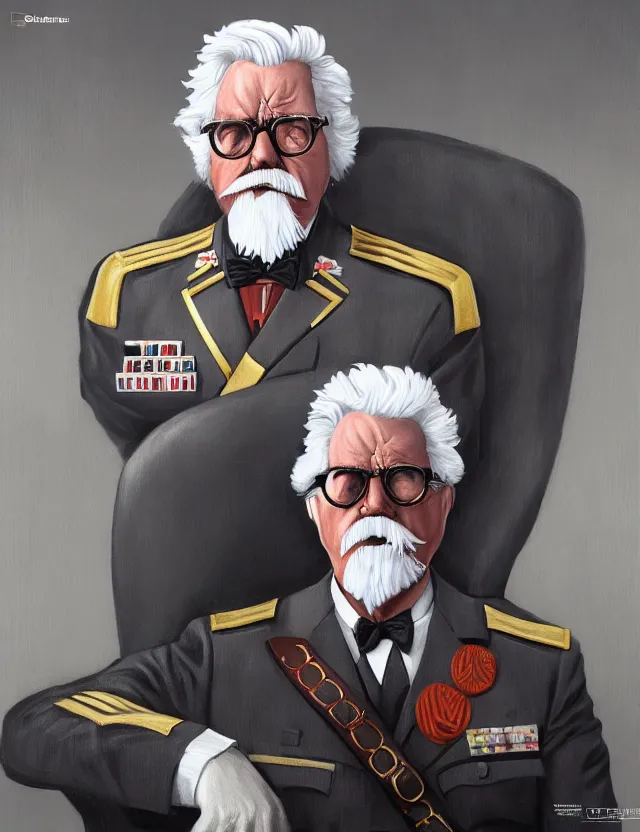Prompt: a portrait of colonel sanders as a dictator, by moebius and tyler edlin and hr giger, trending on artstation, digital art, 4 k resolution, detailed, high quality, sharp focus, hq artwork, coherent, insane detail, concept art