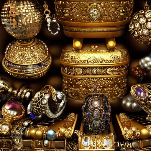 Image similar to A Dwemer chest filled with jewels and golden artefacts, 4k, hdri, museum quality photo