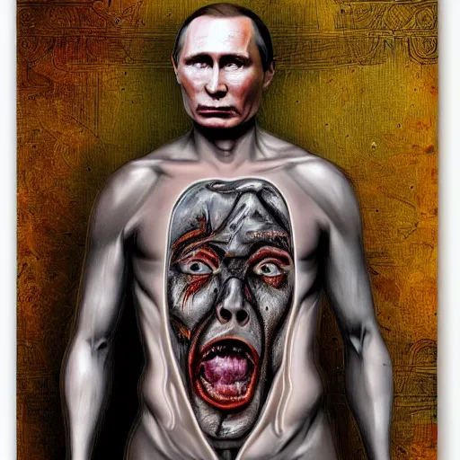 Prompt: degraded retard vlad putin photo - realistic, color image, hyper realistic, 2 k, highly detailed, occult art, by giger, fractal structure