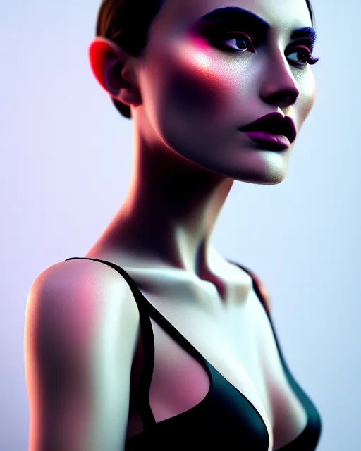Image similar to beautiful female, attractive facial features, haze, model, intricate, symmetrical face, makeup, sephora, maybelline, studio, reflections, cinematic, filmic, vsco, concept art, artstation, elegant, model, gorgeous, vray, flim, octane render, ambient occlusion, prism details