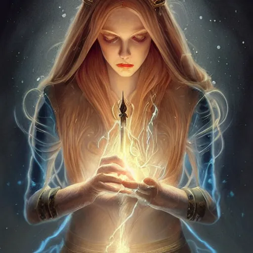 Prompt: a human wizard casting a spell, female, blonde and auburn two toned hair, crackling blue lightning, fantasy, d & d, intricate, elegant, highly detailed, digital painting, artstation, concept art, matte, sharp focus, illustration, in the style of magic the gathering, art by artgerm and greg rutkowski and alphonse mucha