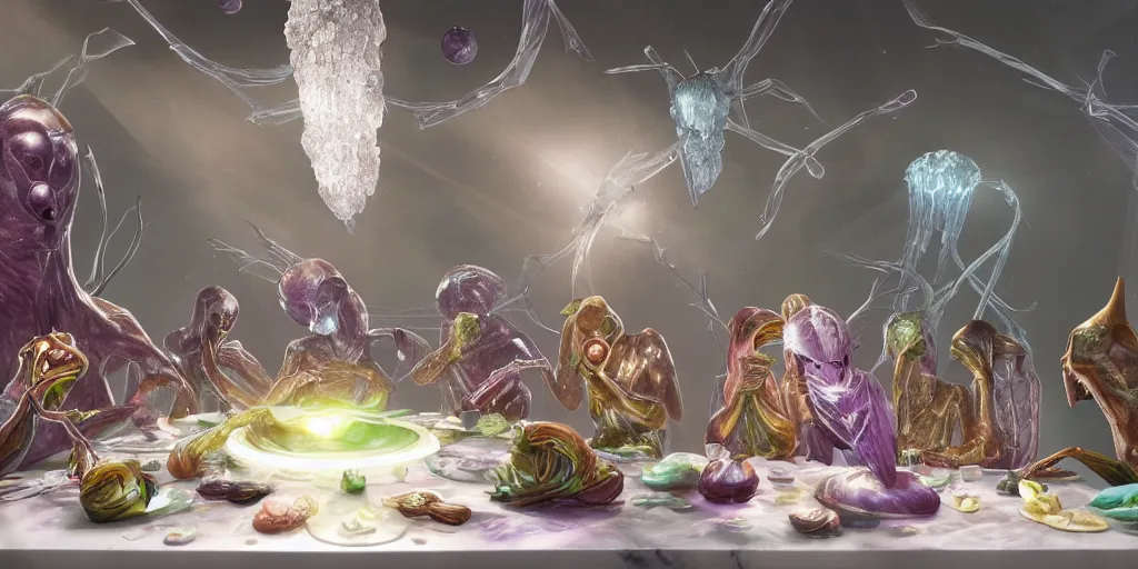 Prompt: !13 very diverse aliens enjoying a rich salad around a marble table, !positioned as last supper cinematic lighting, crystals and diamonds, fantasy, surreal, floating, highly detalied, 4k, artstation, by Wayne Barlowe