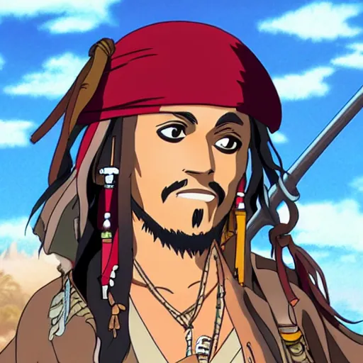 Image similar to Jack Sparrow as an anime character from Studio Ghibli. Extremely detailed. Beautiful. 4K.