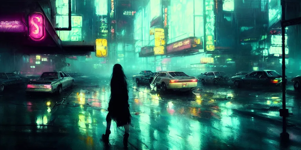 Image similar to beautiful painting by jeremy mann, cyberpunk street, neon signs, still from enter the void movie, pastel hypercolor scheme, oil painting, perfect composition, detailed octane render trending on artstation, misty, ominous, 8 k artistic photography, volumetric cinematic perfect light, wlop, alena aenami, greg rutkowski