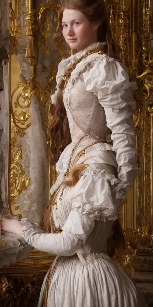 Image similar to young attractive beautiful scandinavian woman wearing 1 8 th century stay in versailles, wow 4 k detail fantasy, matte painting, realistic materials, photo realistic, postprocessing, cinematic, hyperrealistic, studio lighting, ekaterina, the tudors, photography by richard jenkins