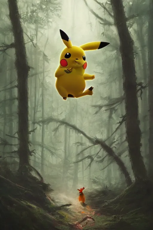 Image similar to Pikachu in the forest, horror, illustrated by Greg Rutkowski and Caspar David Friedrich, Trending on artstation, artstationHD, artstationHQ