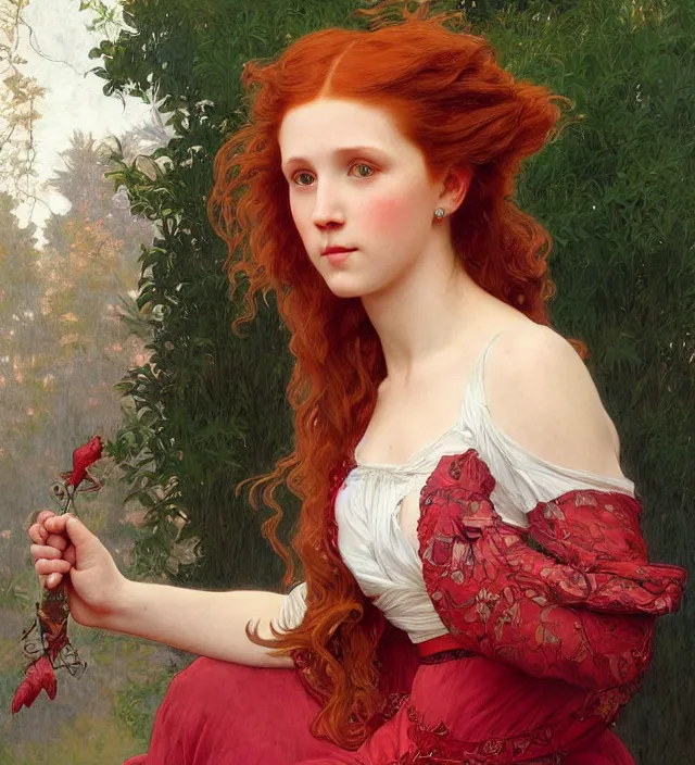 Image similar to intricate art nouveau portrait oil painting of redheaded young millie bobby brown with long red hair blowing in the wind, wearing an intricate green lace dress, in front of an carved wood screen, elegant, digital painting, smooth, sharp focus, illustration, ultra realistic, 8 k, by bouguereau, alphonse mucha, artgerm, and donato giancola