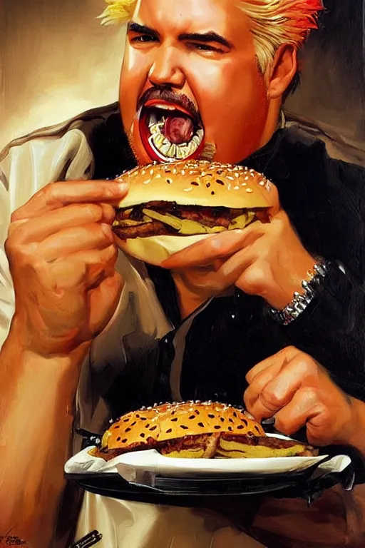 Image similar to guy fieri devouring burger, painting by jc leyendecker!! phil hale!, angular, brush strokes, painterly, vintage, crisp