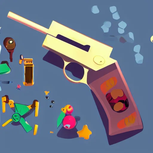 Image similar to toys like gun, great colors, soft lighting, mobile game, concept art