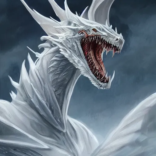 Prompt: adult white dragon portrait, open mouth, massive wings, wide angle, greg rutkowski, drark, marvel comics, dark, plutus su, chris scalf, lucas graciano, billy christian, symmetrical features, snowy mountains, small city, grey and gold color palette, painting, d & d, fantasy, storm clouds