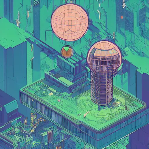 Image similar to Stunning isometric illustration of single cyberpunk explorer overlooking lush forest , highly detailed, midnight, small glowing orbs by Victo Ngai and James Gilleard , Moebius, Laurie Greasley