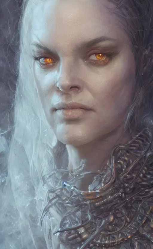 Image similar to ghost lady as a realistic fantasy d & d character, closeup portrait art by donato giancola and greg rutkowski, realistic face, digital art, trending on artstation, symmetry!!