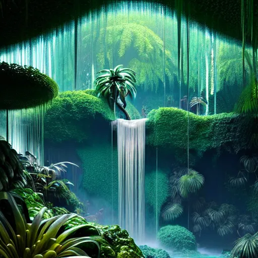 Image similar to iridescent opalescent living landscape tropical forest, waterfall, : by michal karcz, daniel merriam, victo ngai and guillermo del toro : ornate, dynamic, particulate, intricate, elegant, highly detailed, centered, artstation, smooth, sharp focus, octane render