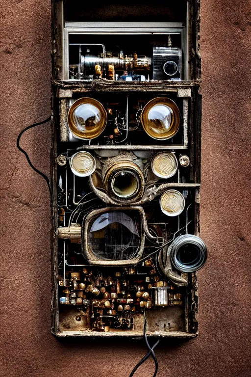 Image similar to A photo of a very old opened camera with vacuum tubes, capacitors and coils inside by Annie Lebovitz and Steve McCurry, grungy, weathered Ultra detailed, hyper realistic, 4k