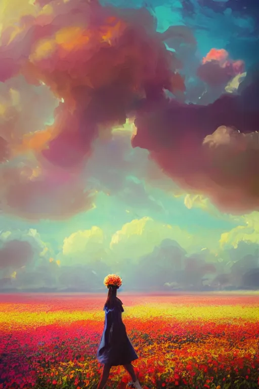 Image similar to giant flower head, girl walking in a flower field, surreal photography, sunrise, dramatic light, impressionist painting, colorful clouds, digital painting, artstation, simon stalenhag