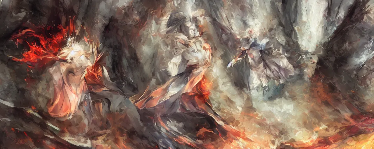 Image similar to advanced digital anime art, a very cute gorgeous teenage girl made of fire and ice with red fiery watery eyes glancing over her left shoulder wearing a dress made of water is walking through an apocalyptic burning city, dramatic cinematic lighting, highly intricately detailed, medium shot, mid-shot, trending on pixiv, Artstation, Sakimimichan
