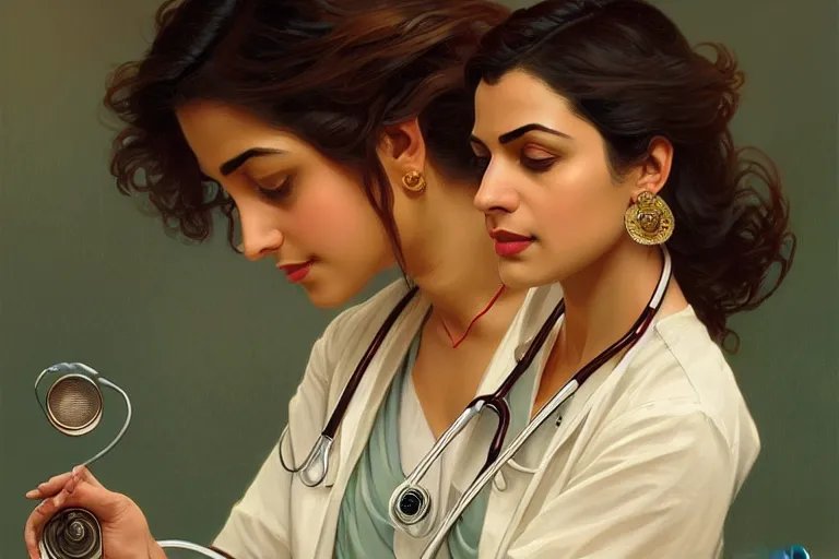 Image similar to sensual pale beautiful indian doctor in jeans with stethoscope, art deco portrait, elegant, intricate, digital painting, artstation, concept art, smooth, sharp focus, illustration, art by artgerm and greg rutkowski and alphonse mucha