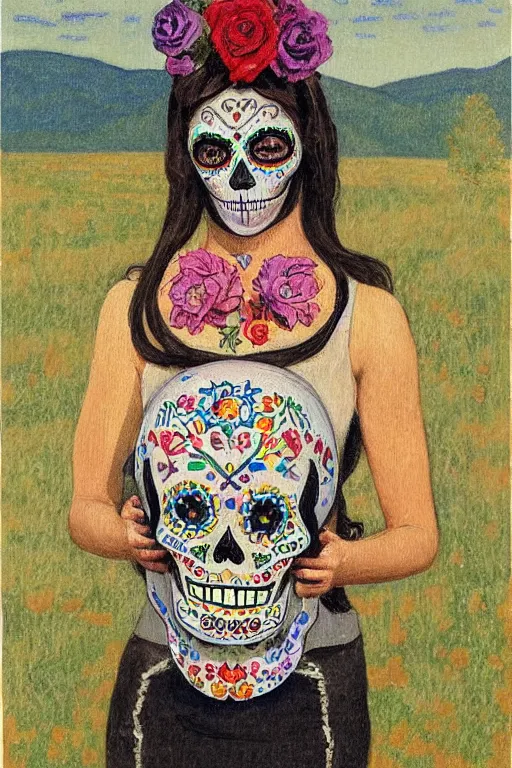 Prompt: Illustration of a sugar skull day of the dead girl, art by daniel garber