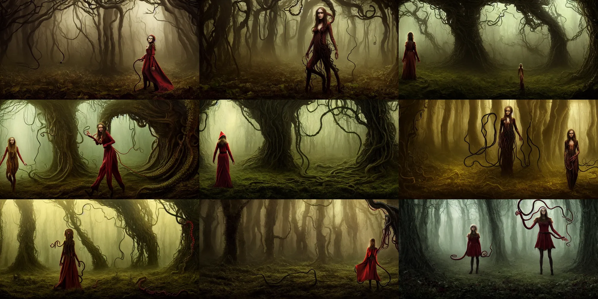 Prompt: a very high resolution matte oil painting of a cosmic horror monstrosity ( tentacles ) inside of forest with terrified fleeing elf woman ( portrait keira knightly dressed as villager ) forest, extremely detailed, disturbing, cinematic, 4 k, 8 k