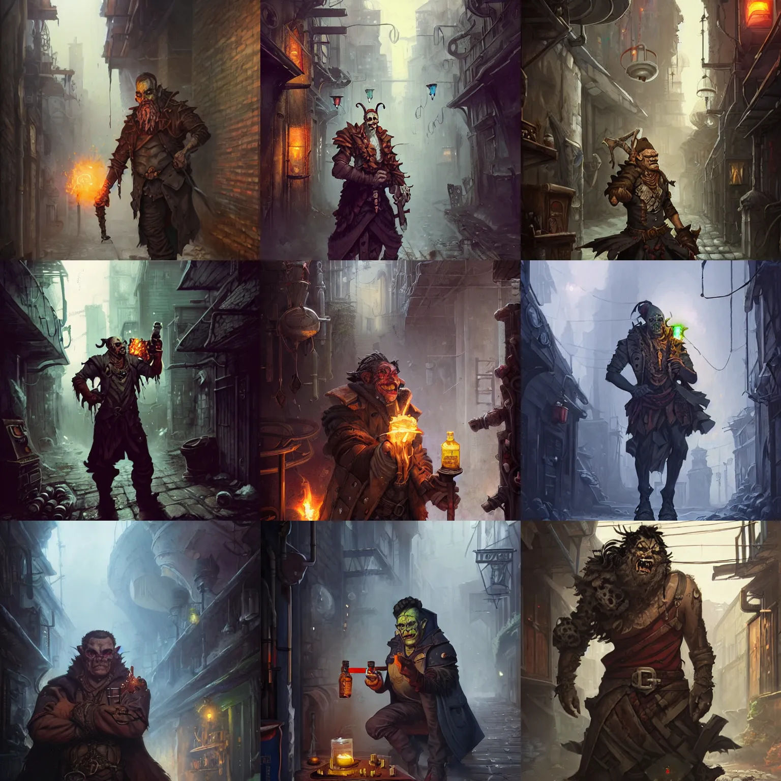 Prompt: half - orc alchemist holding smoking vials standing in grimy city alleyway artist johannes voss, greg rutkowski, peter mohrbacher, magic the gathering, fantasy, detailed portrait