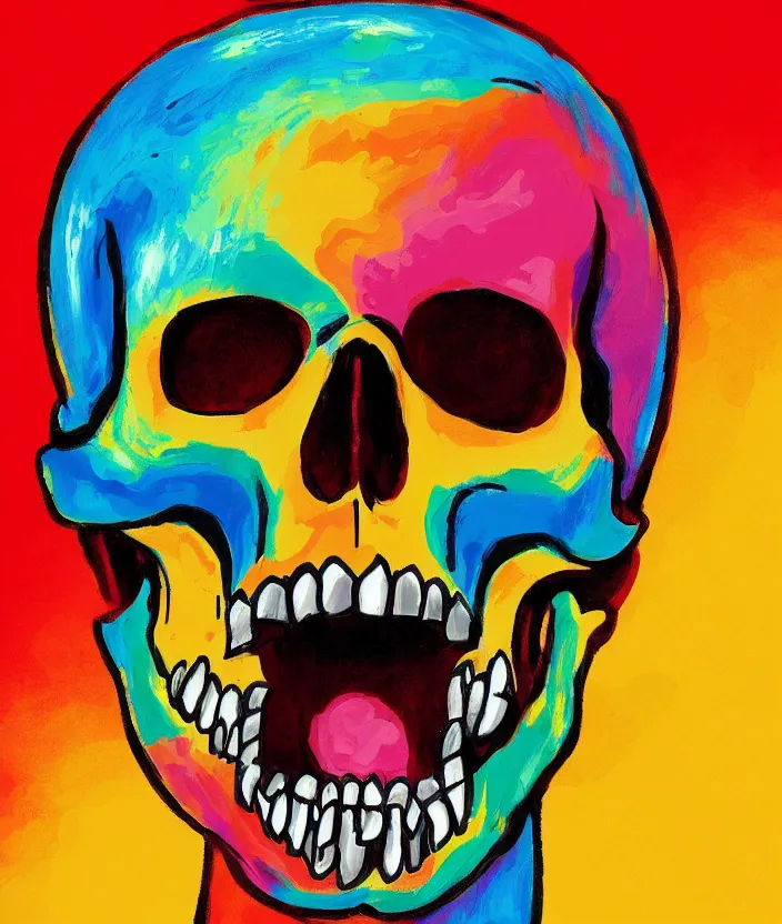 Image similar to a colorful portrait painting of a screaming man with a skull as his head, in the style of stephen gibb, digital art, 4 k,