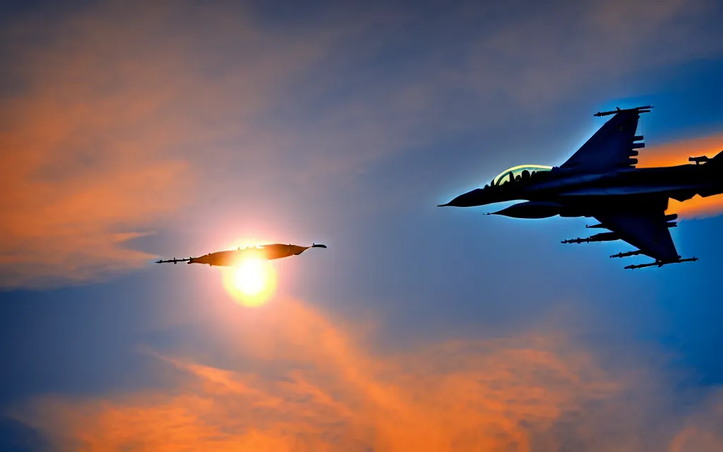 Prompt: photo of a f 1 6 jet plane flying in the sunset over the clouds