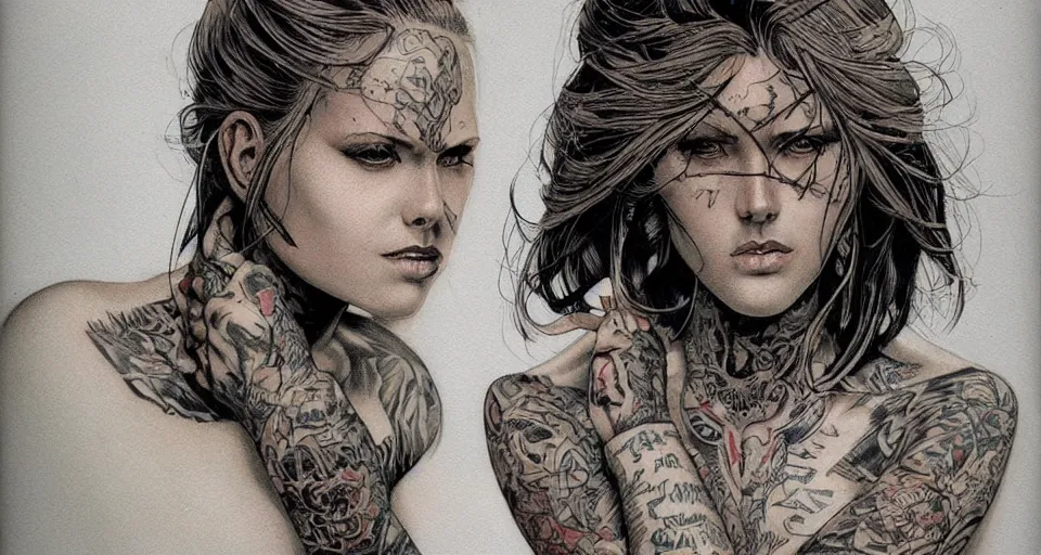 Image similar to a beautiful portrait of a woman with many tattoos, Travis Charest style