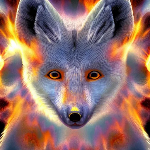 Image similar to surrealistic arctic fox bring fire and destruction to the world photorealistic symmetrical detailed fractal