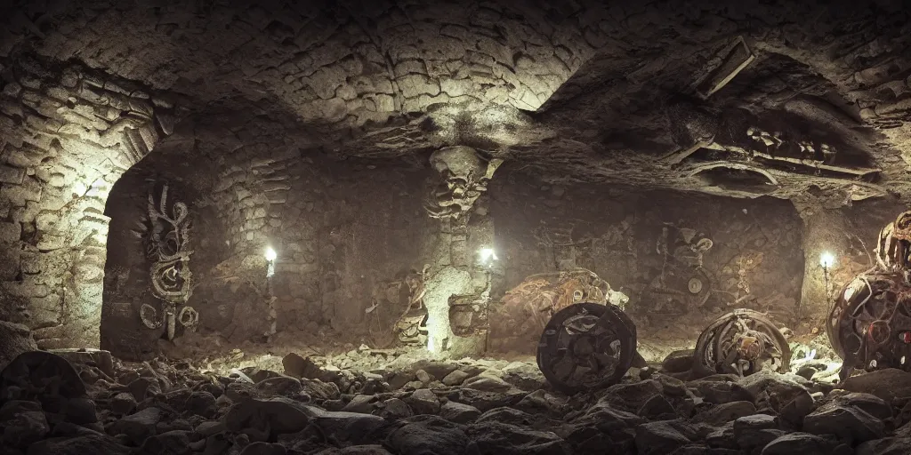 Image similar to ancient catacombs, dark fantasy, sigils, runes, magic, cinematic, graffiti art, scifi, fantasy, hyper detailed, octane render, ue 5