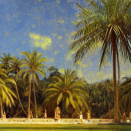 Image similar to a ultradetailed beautiful painting of a golden palace on amazonas by jules bastien - lepage, hans belmer, frank weston and gustave baumann, trending on artstation, mediterranean, palm trees, light sparkles, sharp focus, soft light