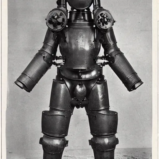 Prompt: a photograph from 1890 of mech suit made out of a cast iron potbelly stove