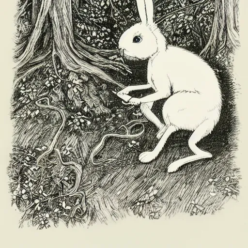 Image similar to precisely drawn, fine detailed, intense line work, drawing of a white bunny smoking a big cigarette in the deep tangled forest, by edward gorey, by gustav dore, black ink on white paper