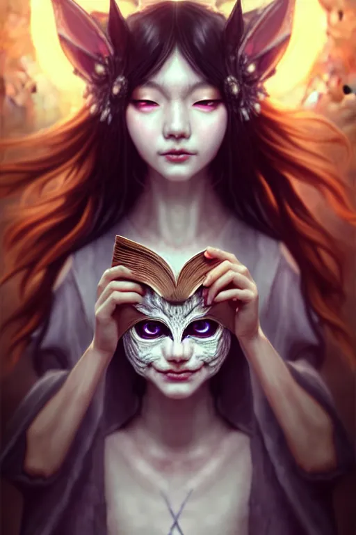 Image similar to gorgeous!!! hyper - realstic sorceress with a kitsune mask, holding a tattered book, casting a spell | drawn by wlop, drawn by jeehyung lee, drawn by artgerm | intricate, highly detailed, digital painting, character design, concept art, illustration, artstation