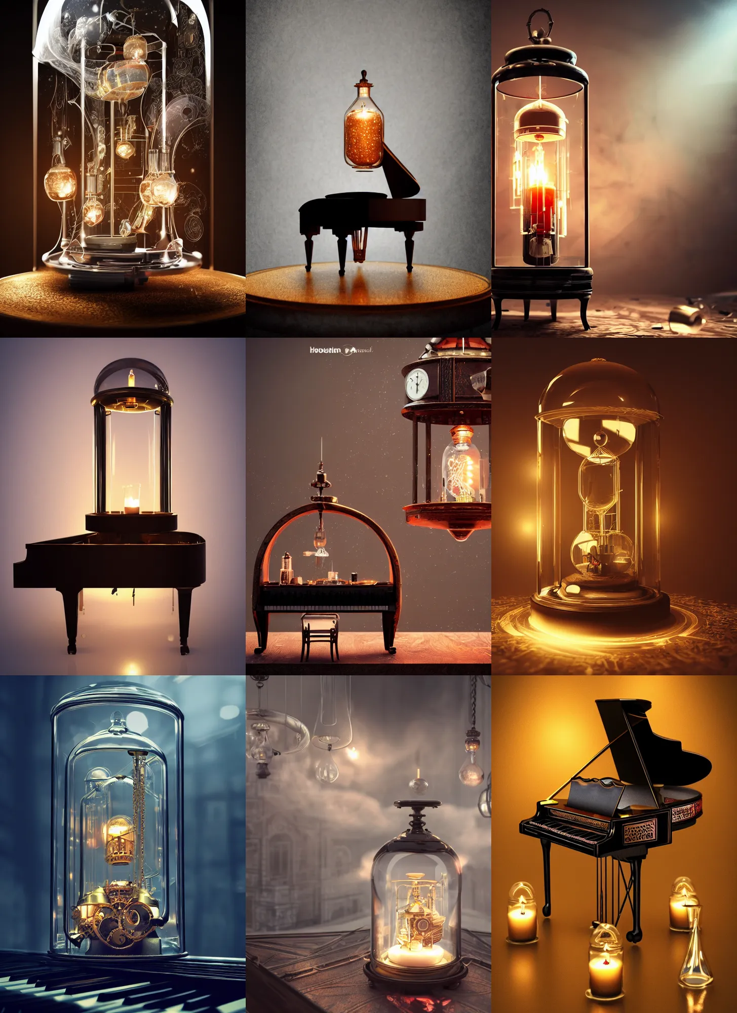 Prompt: grand piano inside a steampunk glass jar, hourglass, lightning, intricate detail, volumetric lighting, epic composition, hyper detailed, ultra realistic, sharp focus, octane render, candle, volumetric, ray tracing, artstation trending, cgsociety, sense of awe, swirling mist, 4 k