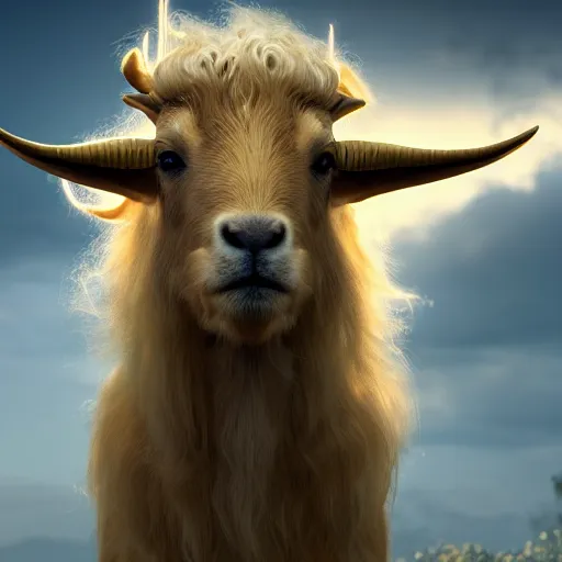 Prompt: real life photo of a beautiful Guernsey golden goat, full body photoshoot, curly golden hair, brown watery eyes, full round face, short smile, short horns, serene field setting, cinematic lightning, medium shot, mid-shot, highly detailed, trending on artstation, Unreal Engine 4k, 80mm, 85mm, cinematic wallpaper