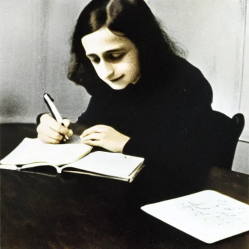 Image similar to A color photograph of Anne Frank writing in her diary