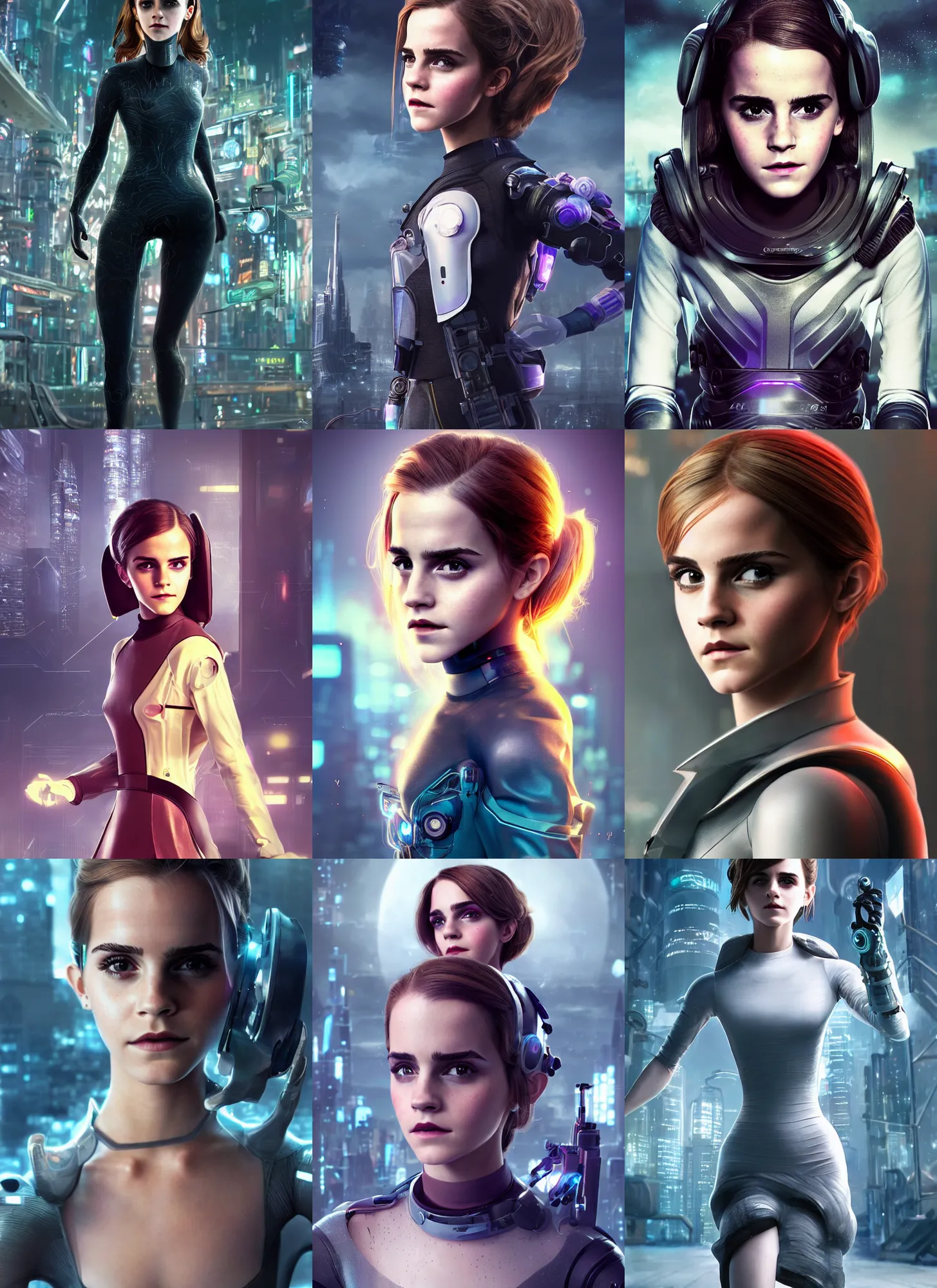 Prompt: very beautiful portrait of an extremely cute and adorable very beautiful emma watson dressed in futuristic cyberpunk clothing, character design by mark ryden and pixar and hayao miyazaki, unreal 5, daz, hyperrealistic, octane render, cosplay, rpg portrait, dynamic lighting, intricate detail, fall vibrancy, cinematic