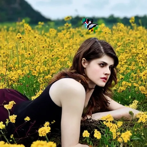 Prompt: alexandra daddario laying in a field of flowers, with bees all over the flowers