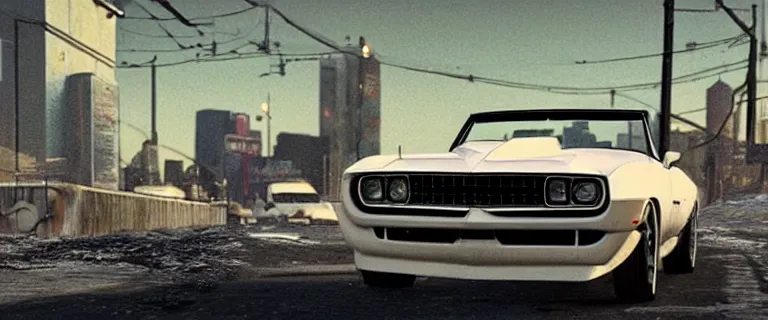 Prompt: Ermine White Chevrolet Camaro Z28 Convertible (1967), a gritty neo-noir, dramatic bright lighting, cinematic, establishing shot, extremely high detail, photorealistic, cinematic lighting, artstation, by simon stalenhag, Max Payne (PC) (2001) winter new york at night