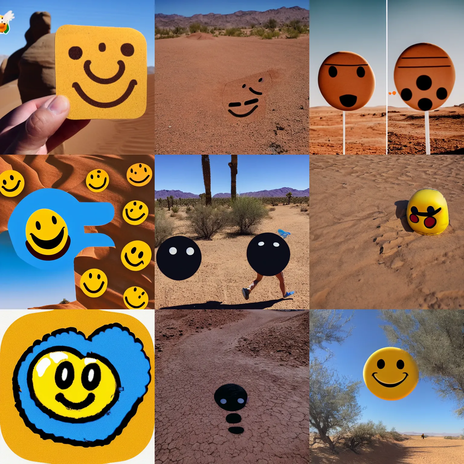 Prompt: poop emoji chasing smiley face emoji in the desert