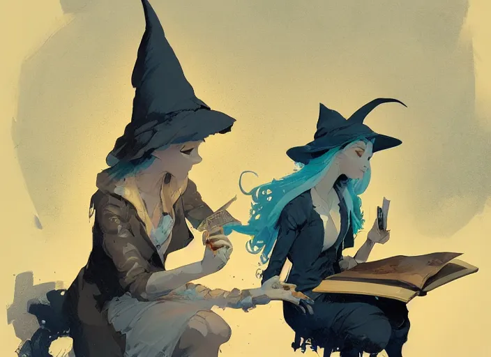 Image similar to a little witch opening a book of magic art by craig mullins, james gilleard, by joe fenton, by greg rutkowski, by greg tocchini, by kaethe butcher, 4 k resolution, gradient yellow, black, brown and cyan color scheme, grunge aesthetic!!!